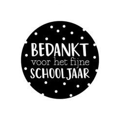 sluitsticker bedankt voor het fijne schooljaar (zwart dots), ronde sticker schooljaar