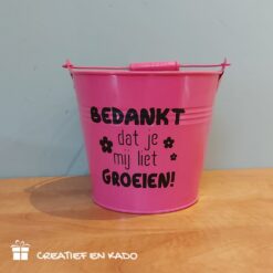 zinker emmer bedankt dat je mij liet groeien, kado juf, bloempot groeien, emmer roze