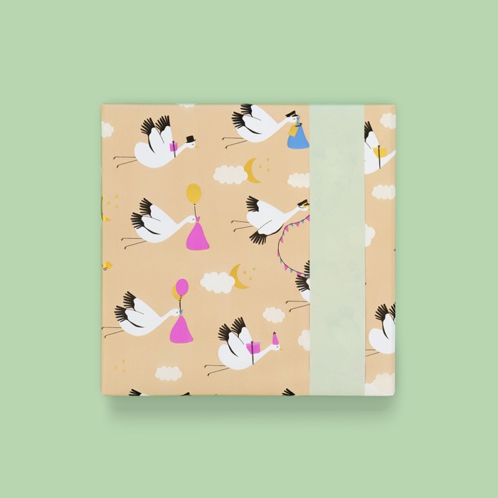 inpakpapier baby bird beige - pastel mint, inpakken baby, kadopapier ooievaars